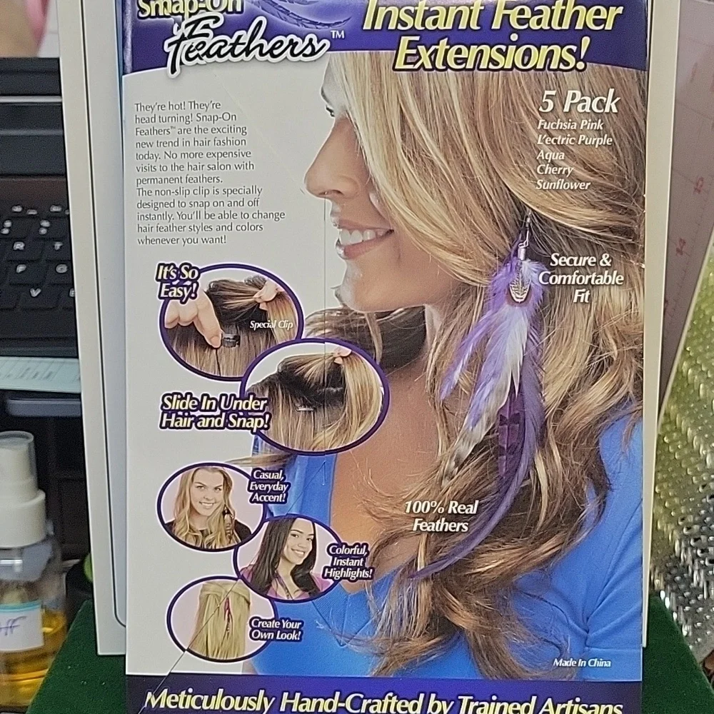 Snap-On Feather Hair Extensions - 5 Pack New Sealed Package
